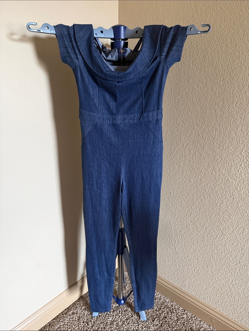bebe Navy Off-Shoulder Jumpsuit